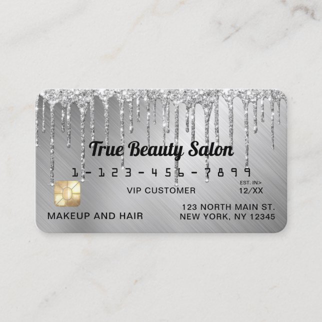Sparkly Silver Metallic Glitter Drips Credit Business Card (Front)