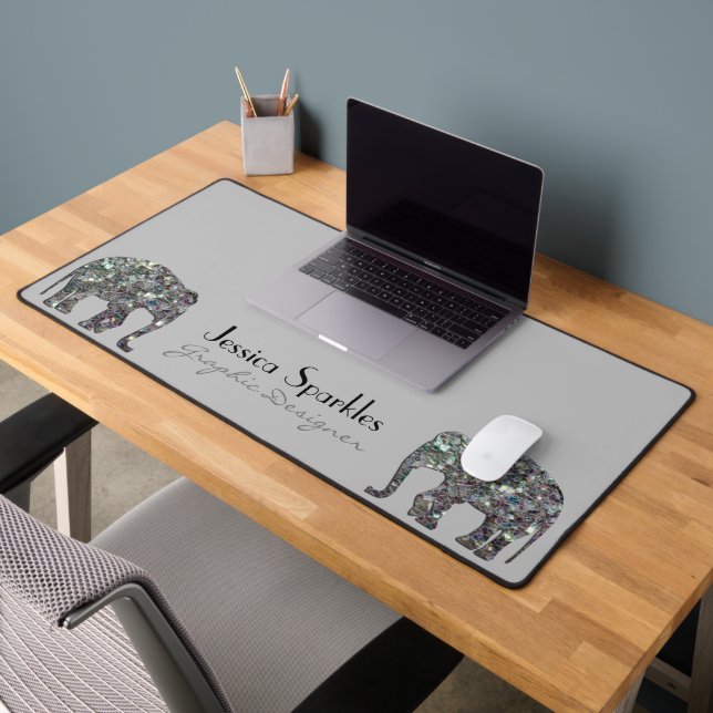 Sparkly silver mosaic Elephant custom name gray Desk Mat (Office 2)