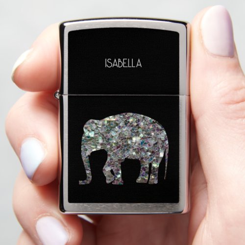 Sparkly silver mosaic Elephant Custom name  Zippo Lighter