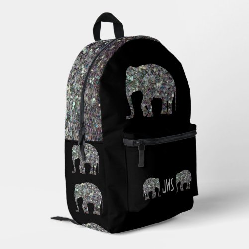Sparkly silver mosaic Elephant Monogram on black Printed Backpack