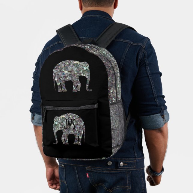 Sparkly silver mosaic Elephant Monogram on black Printed Backpack (Insitu (Model))