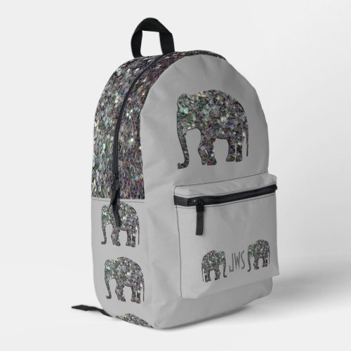 Sparkly silver mosaic Elephant Monogram on gray Printed Backpack