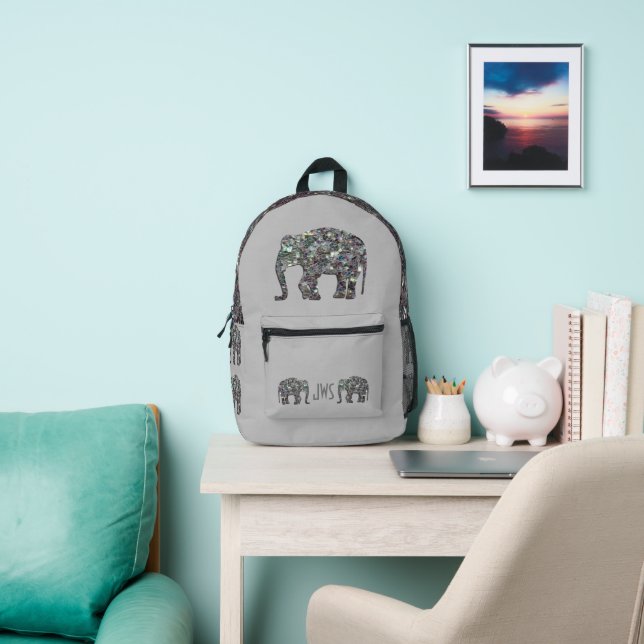Sparkly silver mosaic Elephant Monogram on gray Printed Backpack (Insitu)