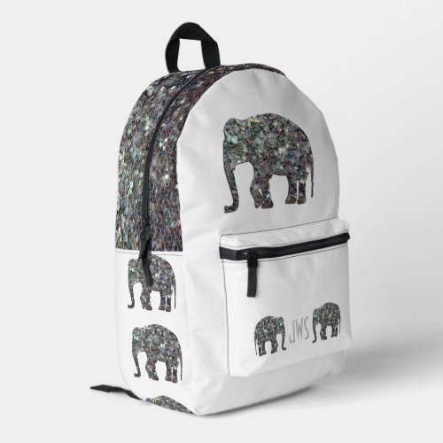 Sparkly silver mosaic Elephant Monogram on white Printed Backpack