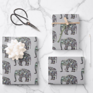 Sparkly silver mosaic Elephant pattern on gray Wrapping Paper Sheets