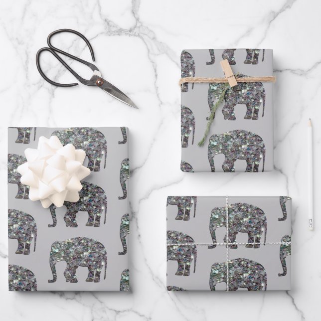 Sparkly silver mosaic Elephant pattern on gray Wrapping Paper Sheets (Front)