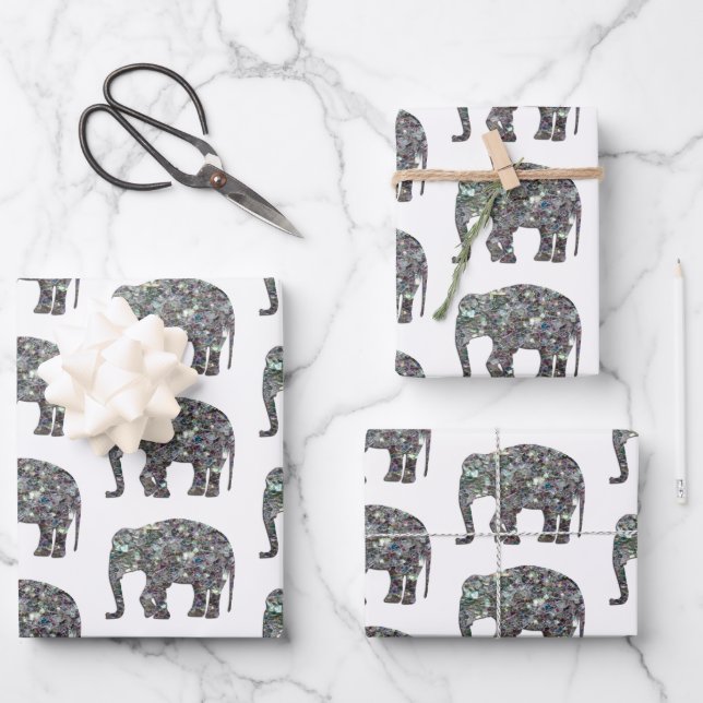 Sparkly silver mosaic Elephant pattern on white Wrapping Paper Sheets (Front)