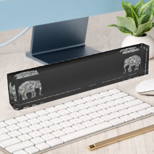 Sparkly silver mosaic glitter Elephant black Desk Name Plate