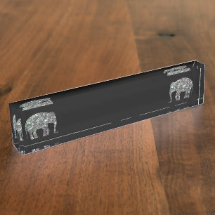 Sparkly silver mosaic glitter Elephant black Desk Name Plate