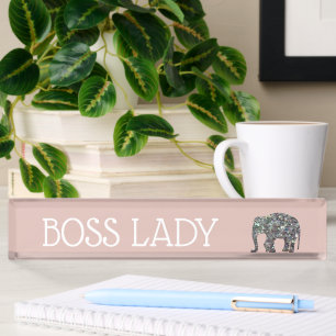 Sparkly silver mosaic glitter Elephant Boss Lady Desk Name Plate