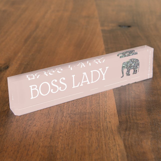 Sparkly silver mosaic glitter Elephant Boss Lady Desk Name Plate (Side)