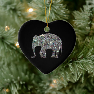Sparkly silver mosaic glitter Elephant Ceramic Ornament