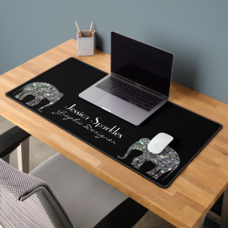 Sparkly silver mosaic glitter Elephant custom name Desk Mat