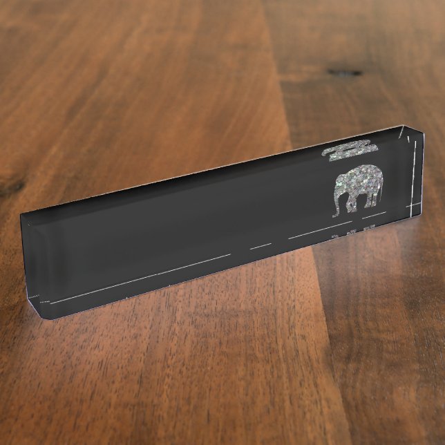 Sparkly silver mosaic glitter Elephant Desk Name Plate (Side)