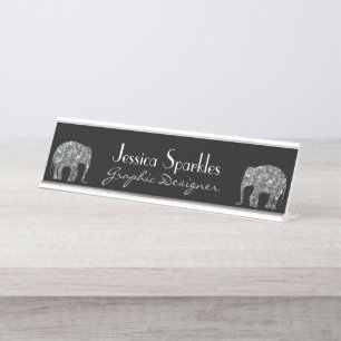 Sparkly silver mosaic glitter Elephant Desk Name Plate