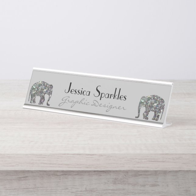 Sparkly silver mosaic glitter Elephant gray Desk Name Plate (Front)