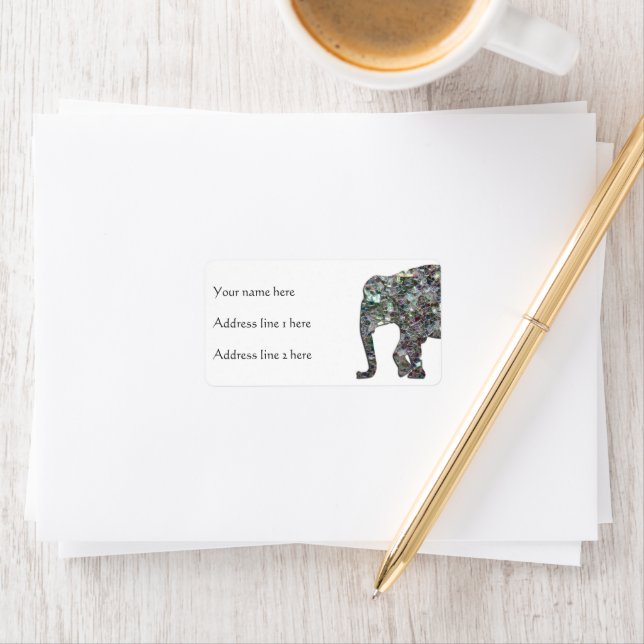 Sparkly silver mosaic glitter Elephant Label (Insitu)