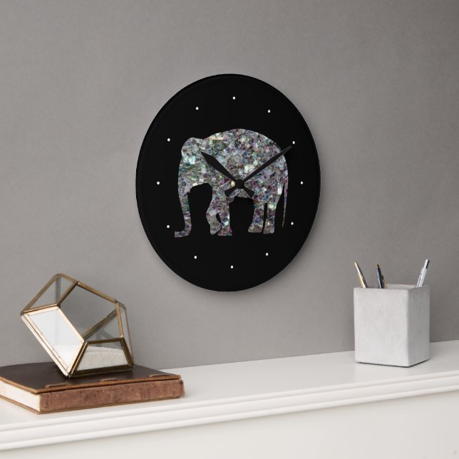 Sparkly silver mosaic glitter Elephant Large Clock (Office)