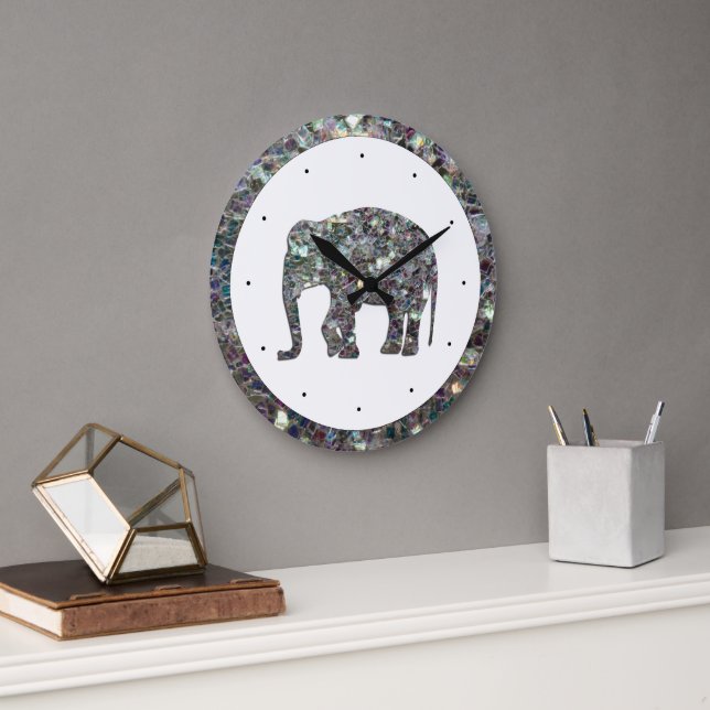 Sparkly silver mosaic glitter Elephant Large Clock (Office)