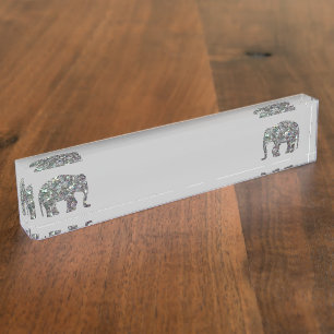 Sparkly silver mosaic glitter Elephant light gray Desk Name Plate