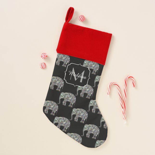 Sparkly silver mosaic glitter Elephant Monogram Christmas Stocking (Front)