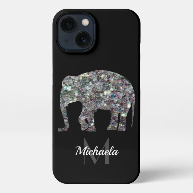 Sparkly silver mosaic glitter Elephant Monogram iPhone Case (Back)