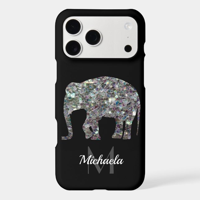 Sparkly silver mosaic glitter Elephant Monogram iPhone Case (Back)