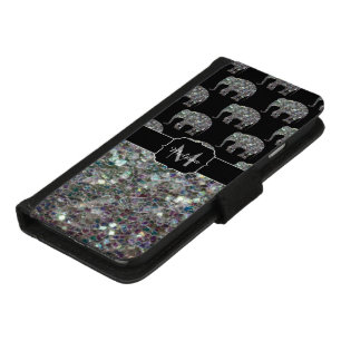 Sparkly silver mosaic glitter Elephant Monogram iPhone 8/7 Wallet Case