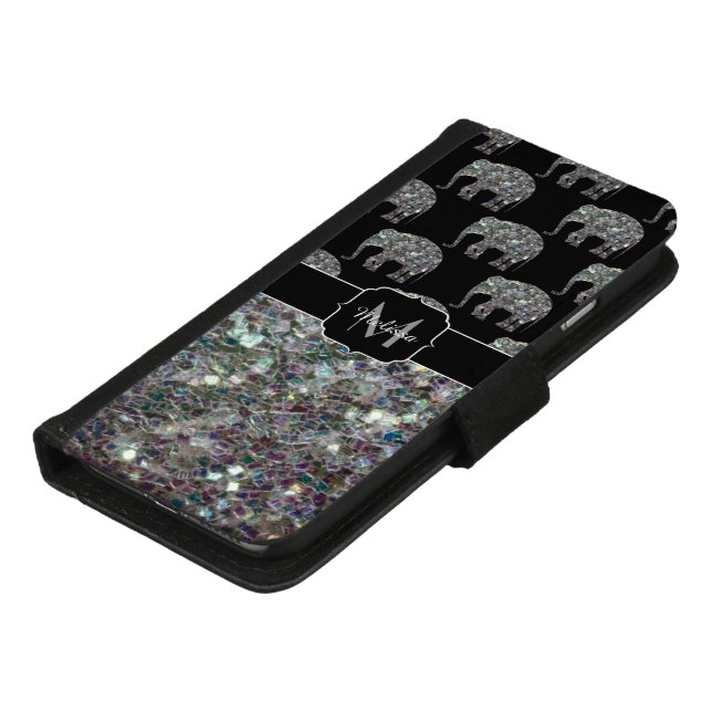 Sparkly silver mosaic glitter Elephant Monogram iPhone Wallet Case (Bottom)