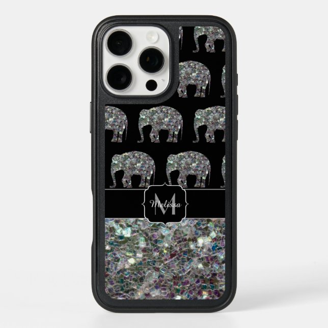 Sparkly silver mosaic glitter Elephant Monogram Otterbox iPhone Case (Back)