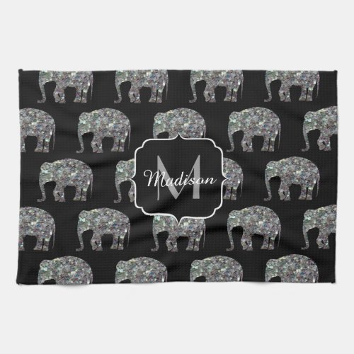 Sparkly silver mosaic glitter Elephant Monogram Towel