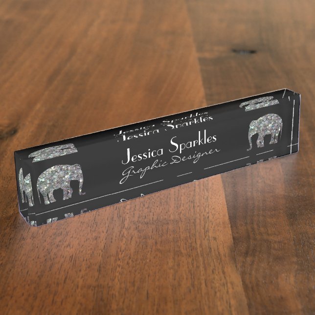 Sparkly silver mosaic glitter Elephant Name Plate (Side)