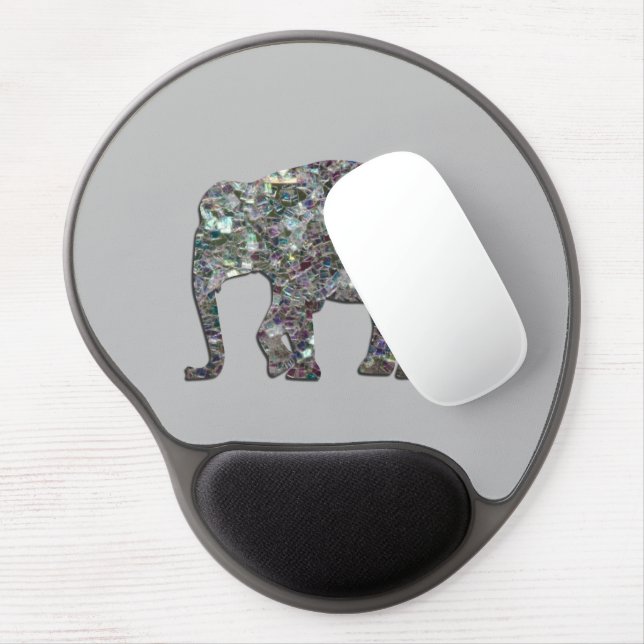 Sparkly silver mosaic glitter Elephant on gray Gel Mouse Pad (Left Side)