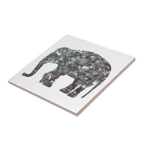 Sparkly silver mosaic glitter Elephant on white Ceramic Tile