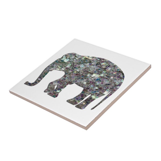 Sparkly silver mosaic glitter Elephant on white Ceramic Tile (Side)