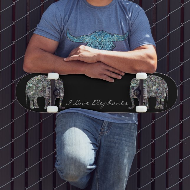 Sparkly silver mosaic glitter Elephant Personalize Skateboard Deck (Outdoor 3)