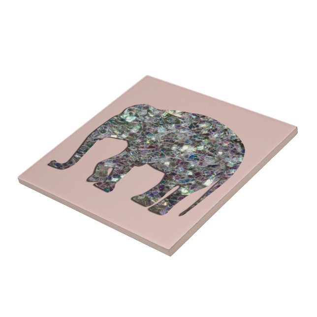 Sparkly silver mosaic glitter Elephant rose pink Ceramic Tile (Side)