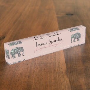 Sparkly silver mosaic glitter Elephant rose pink Desk Name Plate