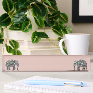 Sparkly silver mosaic glitter Elephant rose pink Desk Name Plate