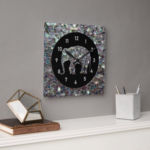 Sparkly silver mosaic glitter Elephant Square Wall Clock