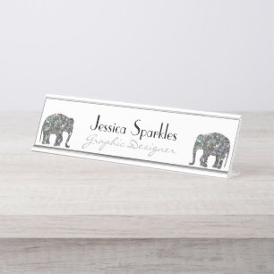 Sparkly silver mosaic glitter Elephant white Desk Name Plate