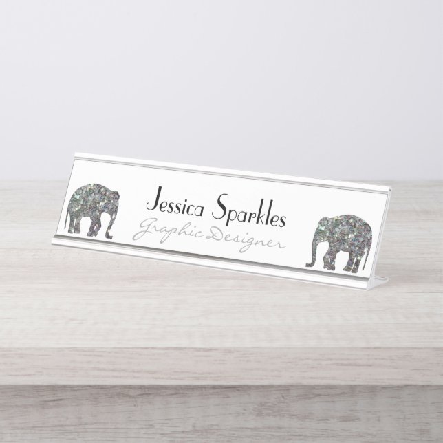 Sparkly silver mosaic glitter Elephant white Desk Name Plate (Front)