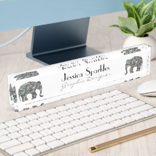 Sparkly silver mosaic glitter Elephant white Desk Name Plate