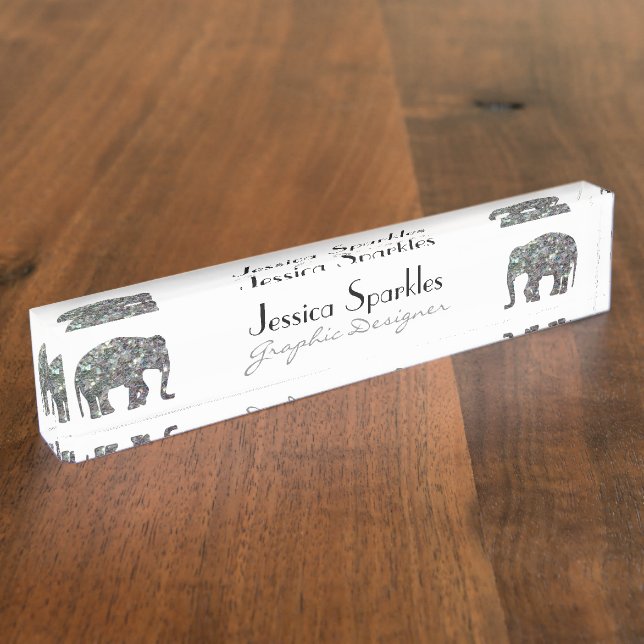 Sparkly silver mosaic glitter Elephant white Desk Name Plate (Side)