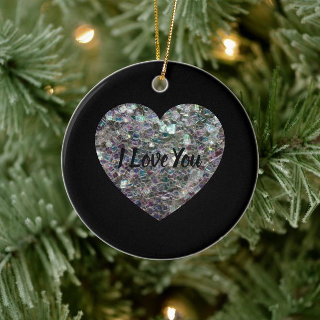 Sparkly silver mosaic glitter Heart Ceramic Ornament (Tree)
