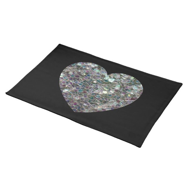 Sparkly silver mosaic glitter Heart Cloth Placemat (On Table)