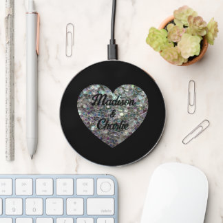 Sparkly silver mosaic glitter Heart couple names Wireless Charger