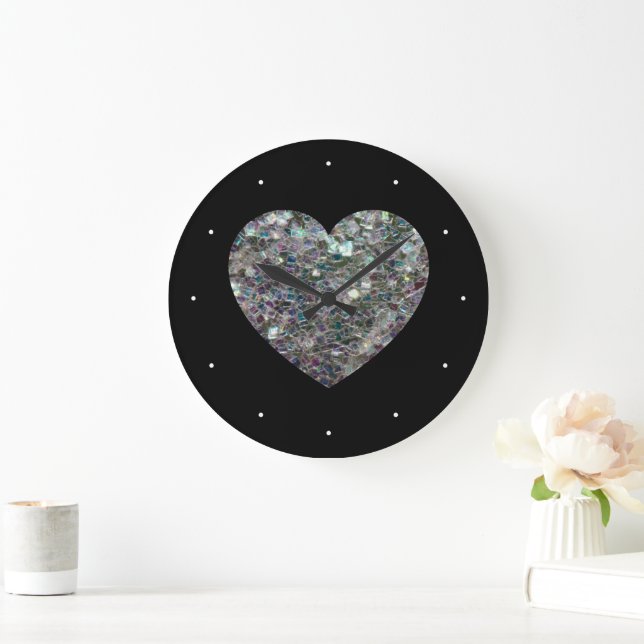 Sparkly silver mosaic glitter Heart Large Clock (Home)
