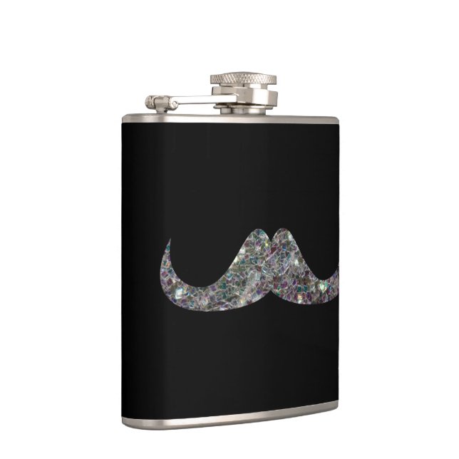 Sparkly silver mosaic glitter Mustache Customize Hip Flask (Right)
