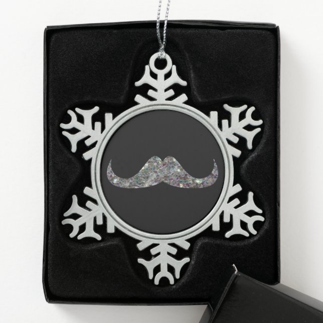 Sparkly silver mosaic glitter Mustache Customize Snowflake Pewter Christmas Ornament (Box)